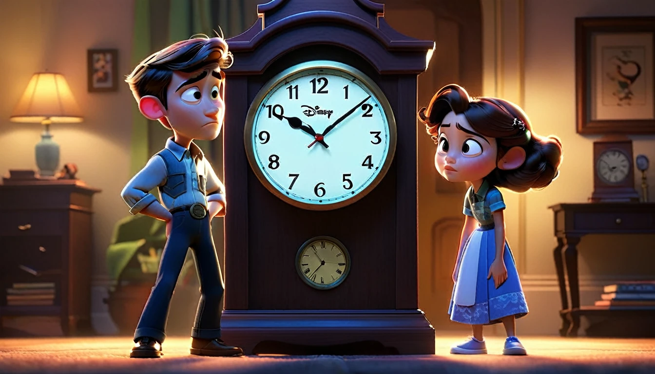 "Two characters standing close as a clock in the background nears midnight, creating a sense of urgency, Disney Pixar style."