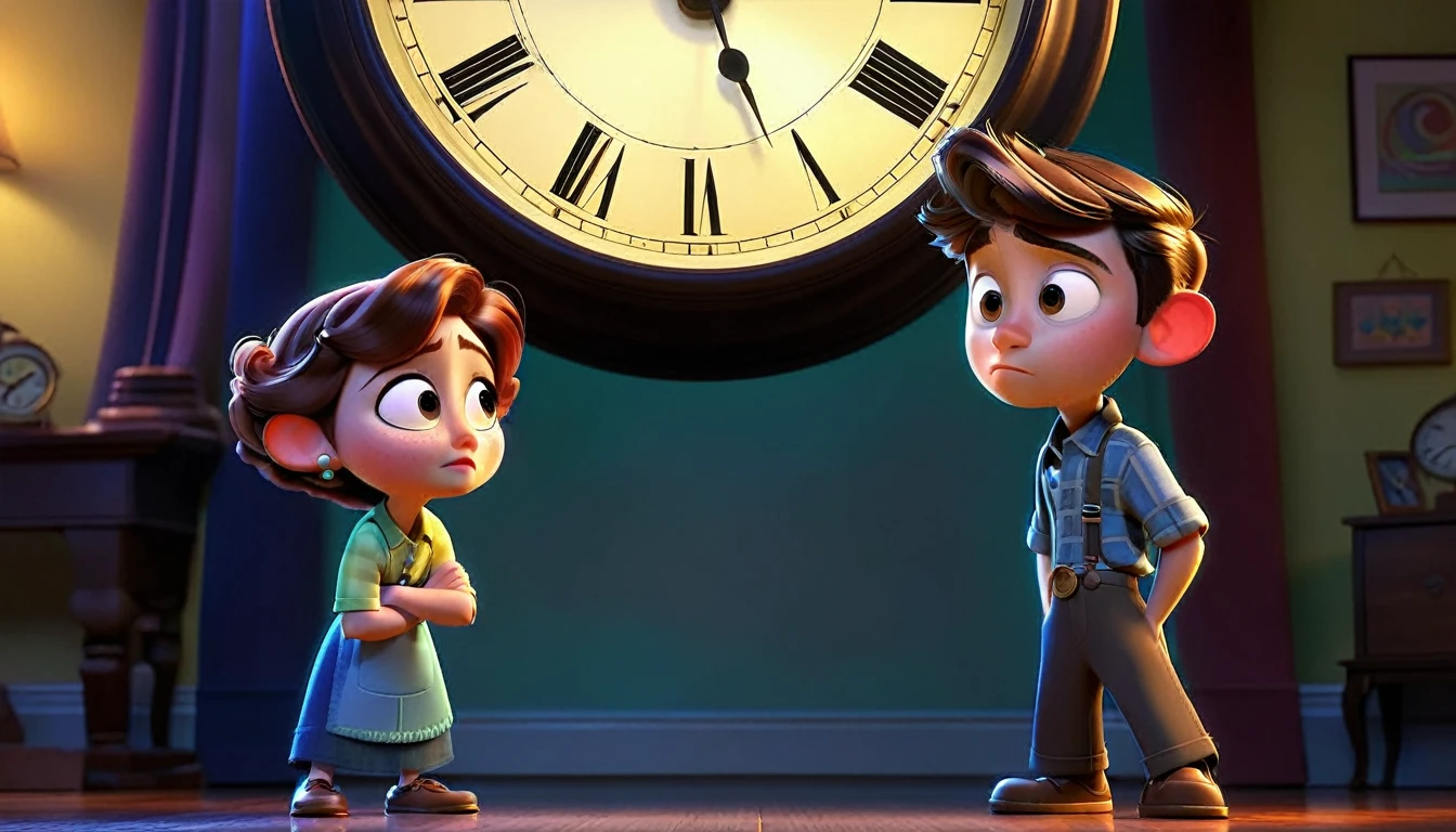 "Two characters standing close as a clock in the background nears midnight, creating a sense of urgency, Disney Pixar style."