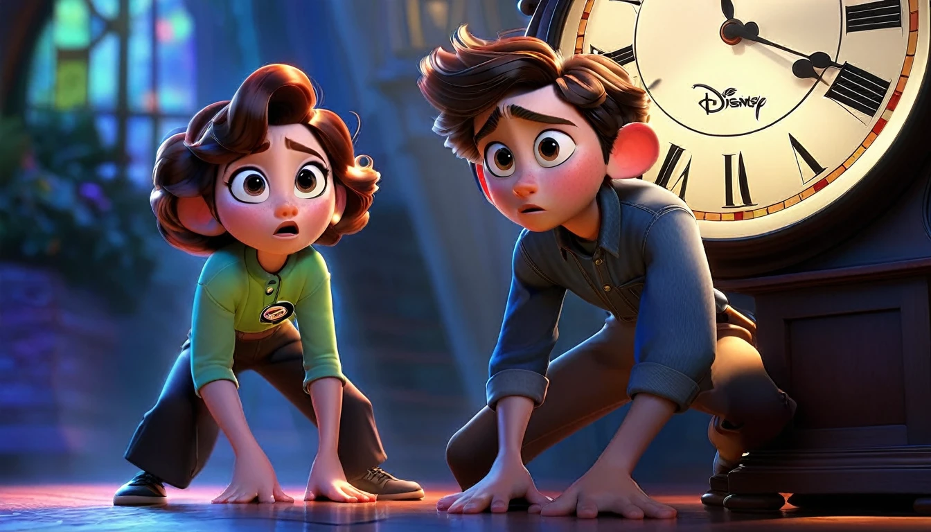 "Two characters standing close as a clock in the background nears midnight, creating a sense of urgency, Disney Pixar style."