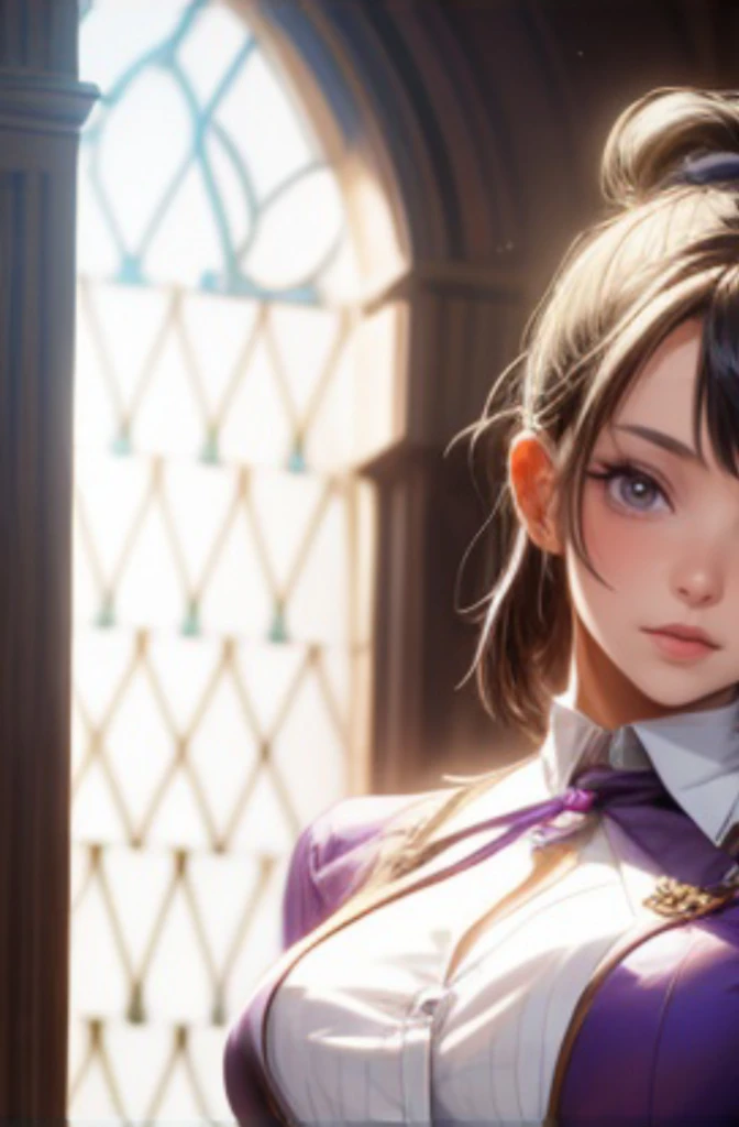 Japanese woman in a purple dress, mini skirt,Magical girl,chic, Tears from Overlord, Maya Faye from Ace Attorney, Highly detailed rendering, sakimichan hdri, Faye Valentine, Semi-realistic rendering, Hyperreal Rendering, タイトなショートドレスを着たMagical girl, Photorealistic perfect body. She spreads her legs and collapses,Shimapan, [ 4K Photorealism ]!!