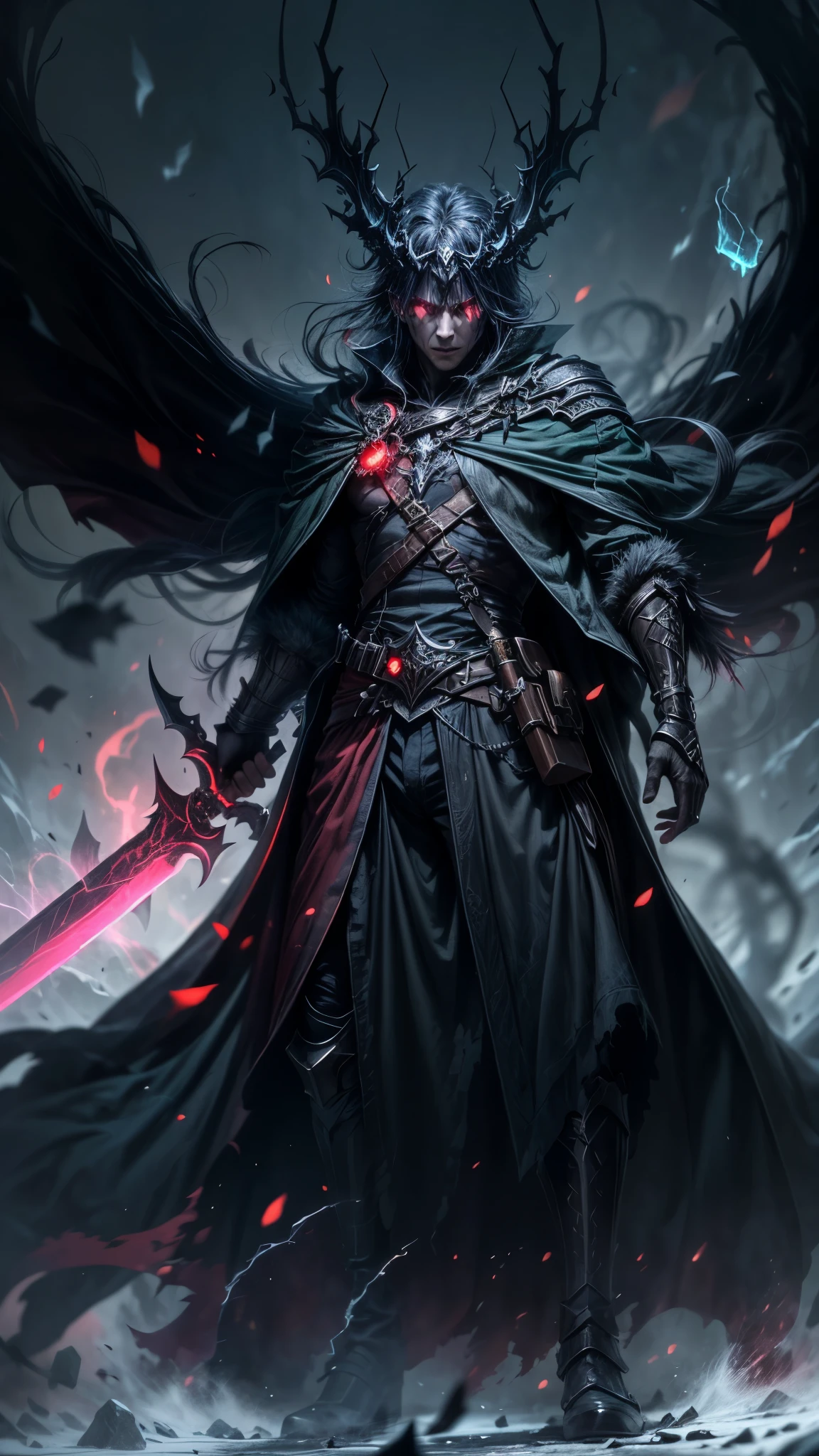 A dark and ominous creature, a god of death with a black crown, red glowing eyes, dynamic point of view, a fantasy character with a large torn black cape, wearing black and torn clothes, holding a magic sword with a blue and green aura around it, magical effects surrounding the sword, dark evening outdoor background on a dark plain