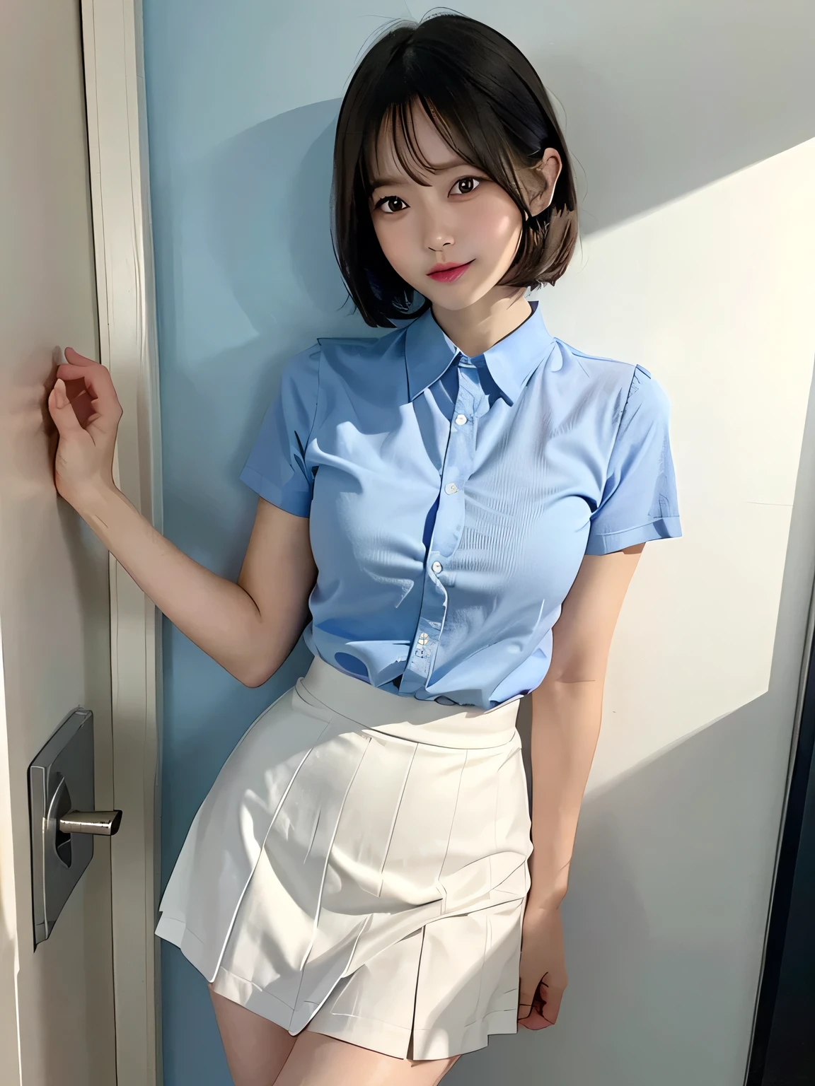 One person、11 years old、Full body photo,slender、woman、White drool coming out of the mouth、smile、、Short Bob Hair、 Fair skinned and super cute、Soft and Face、8K resolution、Surreal、Ultra high definition、 A-cup small breasts（（Highest resolution、8K、masterpiece：1.3））、Ultra-fine face、Ultra Fine Lips、Beautiful Eyes、double eyelid,Light blue wall、 uniform、White Skirt、Thighs、thin,Thighsが見える、Shapely small breasts、sexy、So cute!