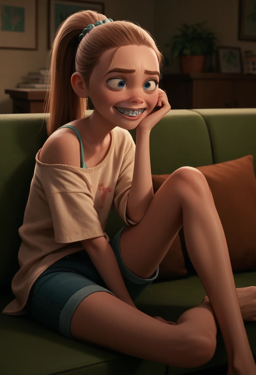 score_9, score_8_up, score_7_up, score_6_up, score_5_up, score_4_up, 1girl, KariBS, sitting on a couch, loose shirt, exposed shoulde, barefoot, braces, confused look, ponytail