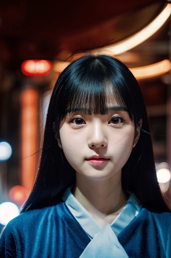beautiful Japanese woman,double eyelid,clear skin,round face,long face,Swept bangs,in the tokyo,short by DSLR,Adoravle 18 years old,head shot,from front,long hair