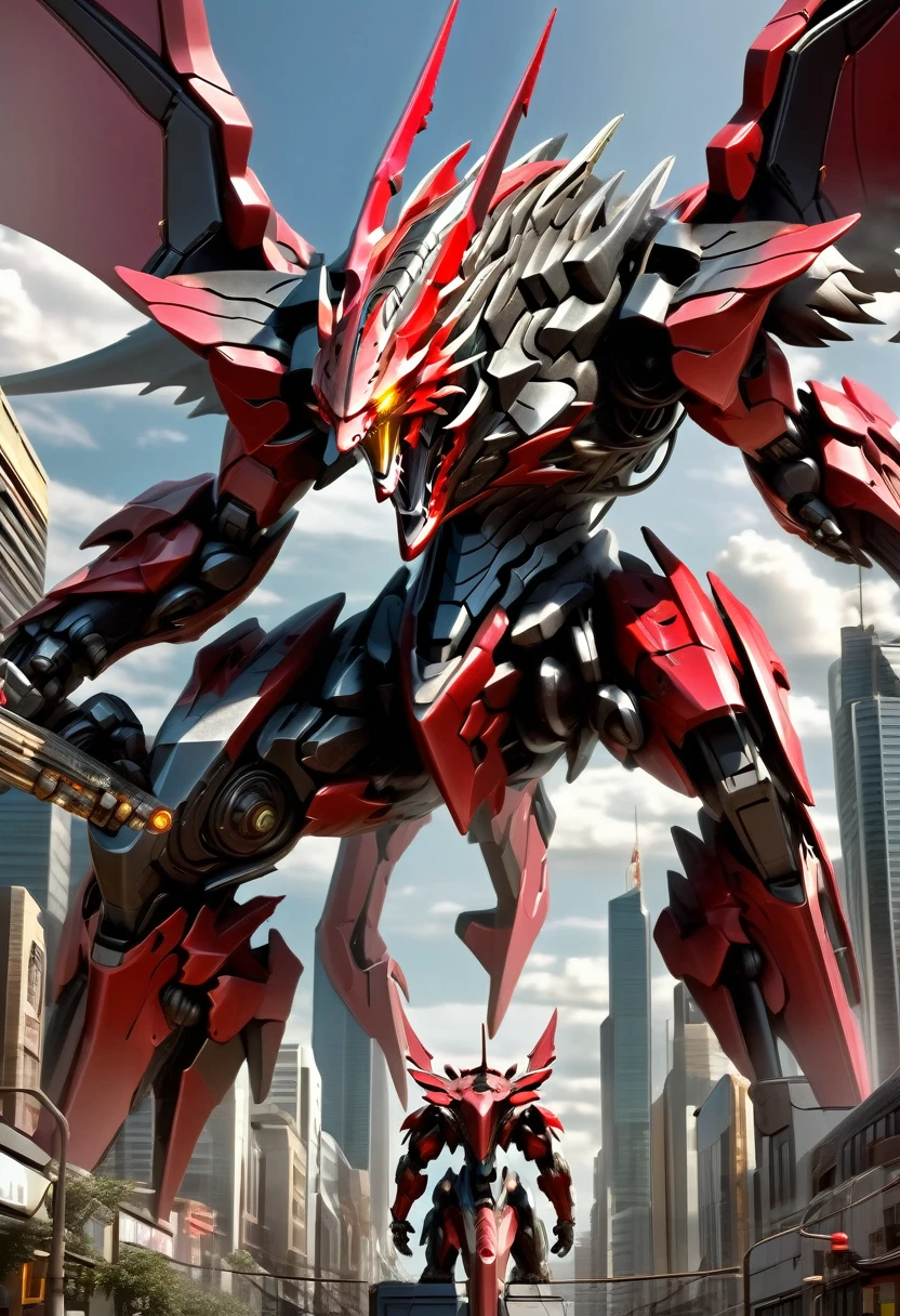 (High definition) (Detailed) (High quality) (highly detailed) (masterpiece) (perfection)
(((Giant dragon))), (((robot)), (((futuristic))), (((full mechanic))) dark steel and titanium, metallic body, strong arms, long clawns, red ayes.
Walking a trought of a futuristic city whit many people, scared people