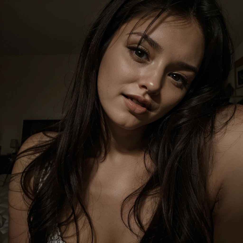 Sharp focus, darkened bedroom, long hair, dark haired woman awake, mouth slightly open