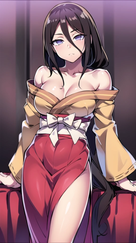BREAK looking at viewer, BREAK (masterpiece:1.2), best quality, high resolution, unity 8k wallpaper, (illustration:0.8), (beautiful detailed eyes:1.6), extremely detailed face, perfect lighting, extremely detailed CG, (perfect hands, perfect anatomy),room,candles, night, silk bed,,hyuuga hanabi, brown hair, hair between eyes, long hair, purple eyes, bare shoulders,skinny fit, long legs,stockings,yellow kimono,short kimano, lace bra,full body,from below,