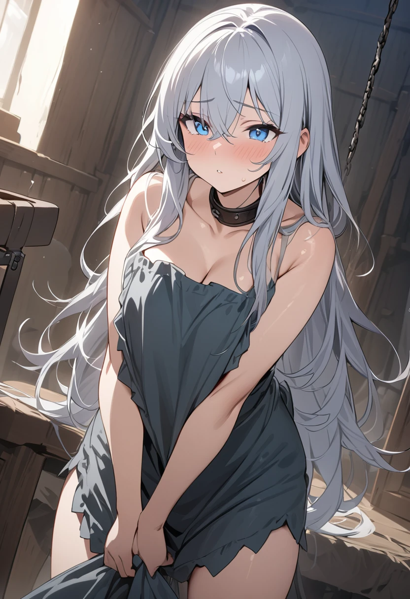 ((masterpiece)), (Highest quality), (Simple style), Silver hair, long hair, blue eyes, slave, rag costume, big