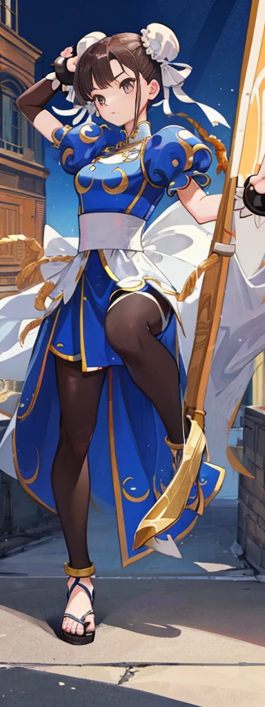 chun-li,((masterpiece)), ((best quality)), ((ultra detailed)), ((kawaii)), cute, (lovely), ((extremely detailed)), ((8K)), (beautiful),flat breast, tiny breast,full body