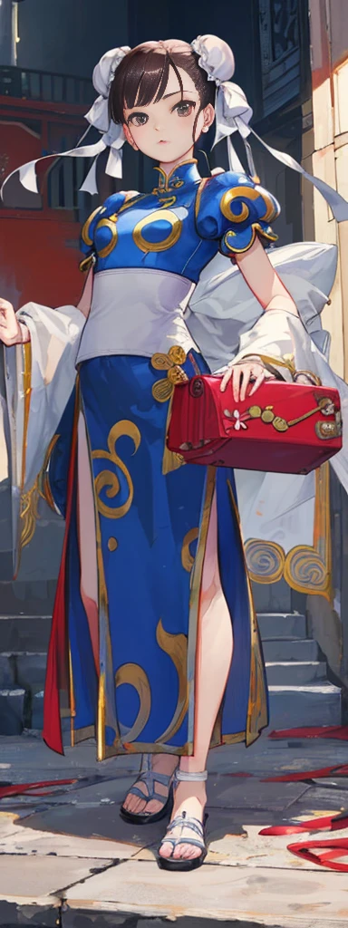 chun-li,((masterpiece)), ((best quality)), ((ultra detailed)), ((kawaii)), cute, (lovely), ((extremely detailed)), ((8K)), (beautiful),flat breast, tiny breast,full body
