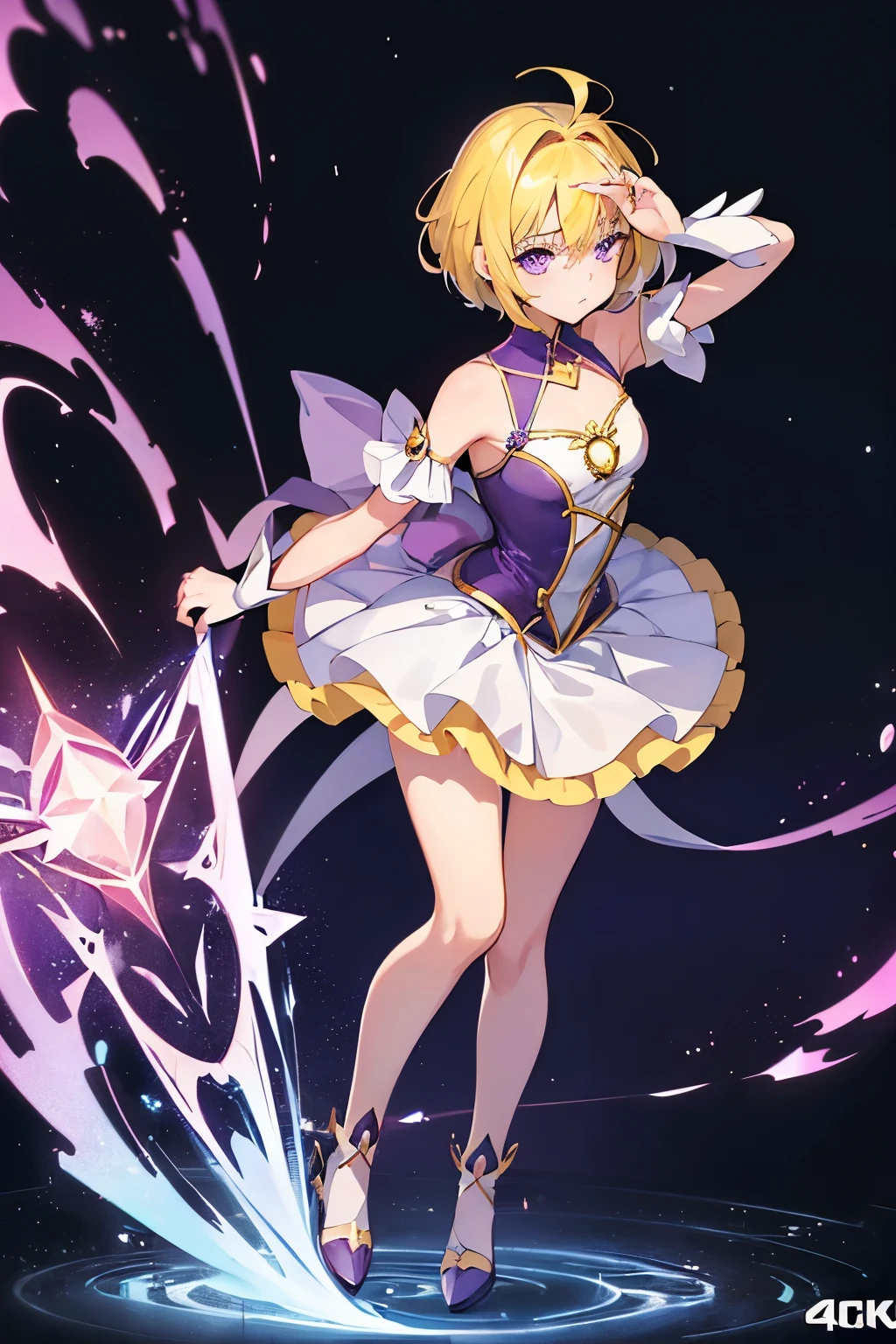 1 female,((Magical girl)),,clavicle, (yellow hair,short hair),absurdes,No expression, empty eyes,Eyes glowing purple, small breasts, haigure, Full body figure,  (highest quality、4K、8K、High resolution、must have:1.2)、Super detailed、(reality、It&#39;s realistic.、realistic:1.37)、ticker、hyper HD、studio lighting、ultra definition paint、sharp focus、Physically based rendering、extreme details、Professional specifications、vibrancy and color、blurry、sports portrait、landscape、horror style、anime big breasts、sf、photograph、concept artist、five fingers, perfect body,  {{{masterpiece}}}, {{{highest quality}}}, {{super detailed}}, {figure}, {{very delicate and beautiful}},Promoting cost performance、all roles、Canon 5D MK4でphotograph、sprinkle、photograph,