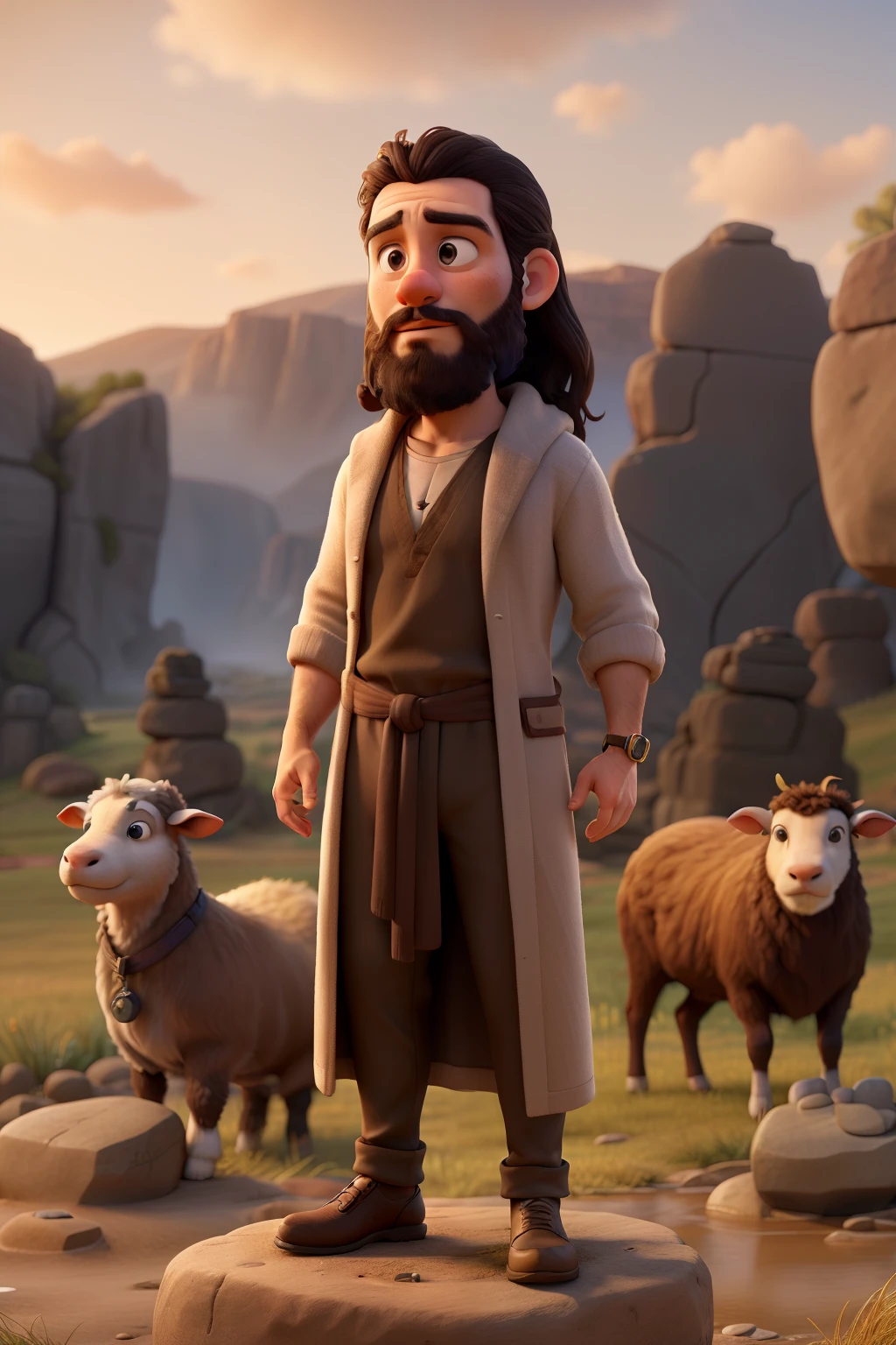 Create an image of Jacob, a biblical figure from the Book of Genesis. He must be represented as a man with a beard, wearing traditional ancient Middle Eastern clothing, like a tunic and a cloak. The scene must include a natural environment, maybe a field or desert, with a serene atmosphere at dawn or dusk. Jacob may be in a pose of prayer or contemplation, reflecting its spiritual and contemplative character. Include elements like rocks around it, referencing the story of Bethel, or sheep in the background, symbolizing his life as a shepherd. The image should convey a sense of reverence and tranquility. Don&#39;t wear pants!