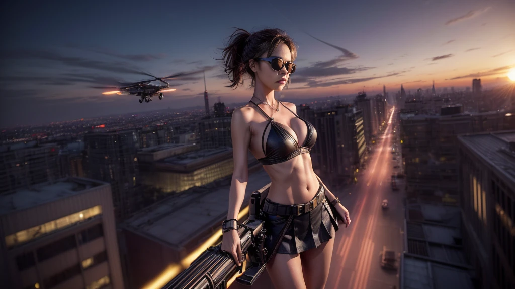 (((At night, ((very dark sunset sky)), (((1girl, solo))), a western woman, photo realistic, large-breast:1.2 slim body, cleavage, off tube top, short pleated miniskirt, standing on rooftop, matrix style black sunglasses, (((aiming towards viewer with a short gun))), half-body thigh level medium:1.2 shot))). In the background, simple aerial view of a sci-fi futuristic city, (((flying vehicle speeding towards viewer))).