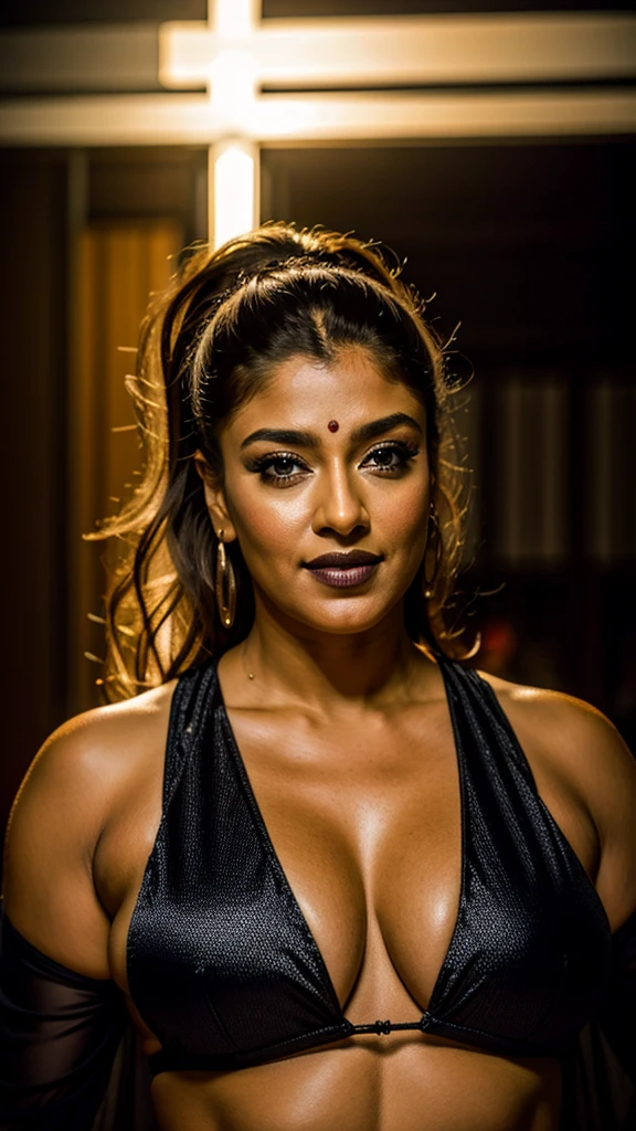 Looks like Nayanthara, milf , 50 years old gorgeous mature lady, pervert demoness, demoness of lust, curvy, black lips, horny face, extremely gorgeous, thick figure, heavy physique, voluptuous, curvy, sexy figure, Fashionable portrait of androgynous alien looking witch wearing veil, glowing eyes, futuristic design, minimal details, givenchy, photoreal, 200mm, hd, f/ 2.0, highly detailed, surreal , drop dead, in the style of red and blue, (intricate details, hyperdetailed:1.15) (skin texture:1.2)