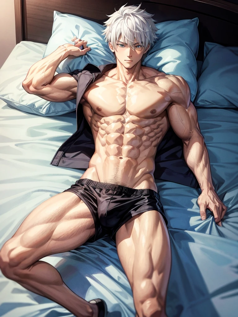 Anime guy about 16 without outerwear. Muscular with 6-pack abs and back. With white hair. Lying on the bed.