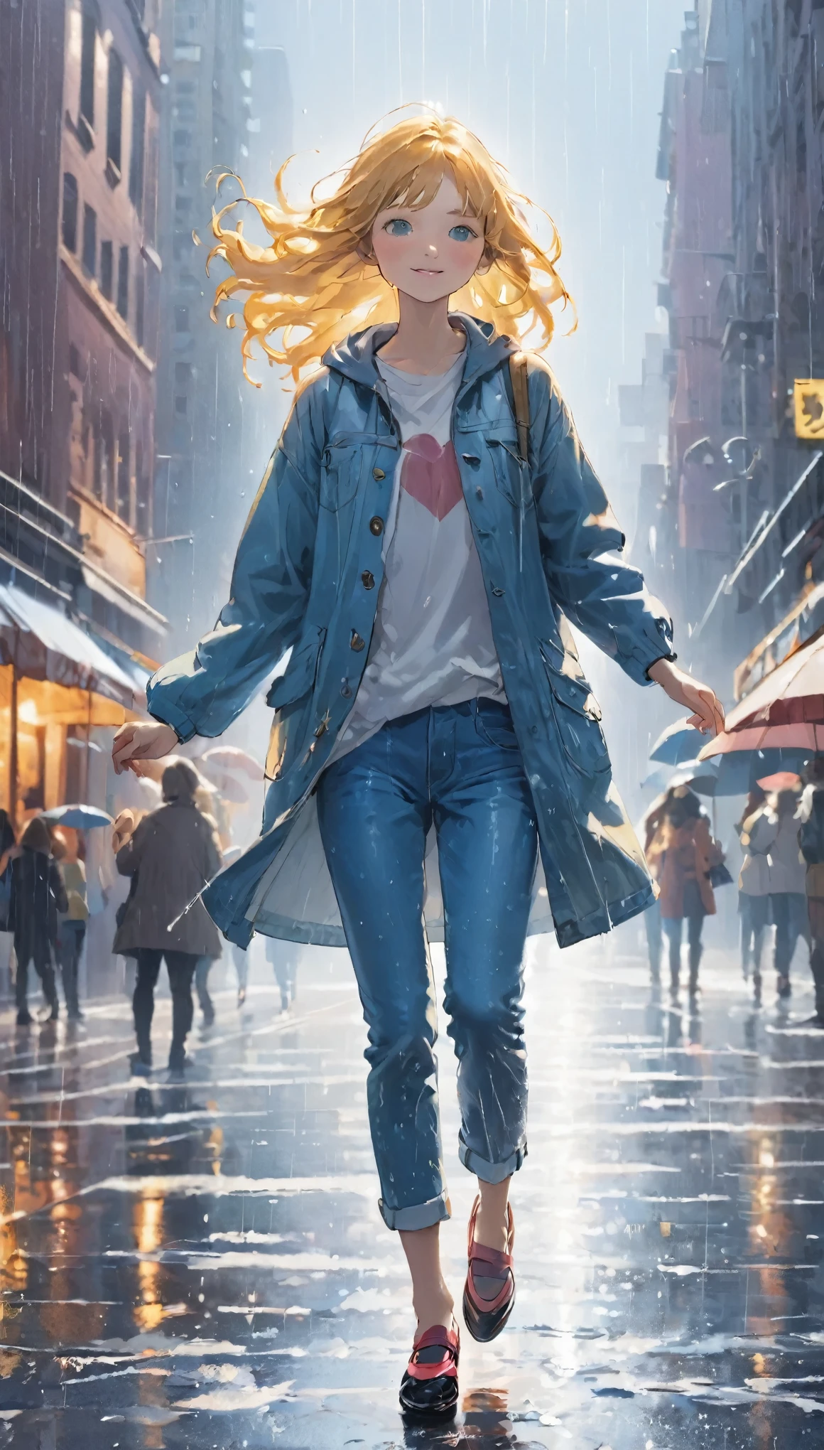 Highest quality、masterpiece:1.3、Dancing Girl、(((一人の女の子が雨の中でInnocenceに笑いながら一回転をしている、Dancing in the rain:1.37)))、alone、Girls spinning in the heart of downtown、Innocence、Wet girl、Clothes that are wet、Casual clothing、Denim pants、New York Times、無人のNew York Times、