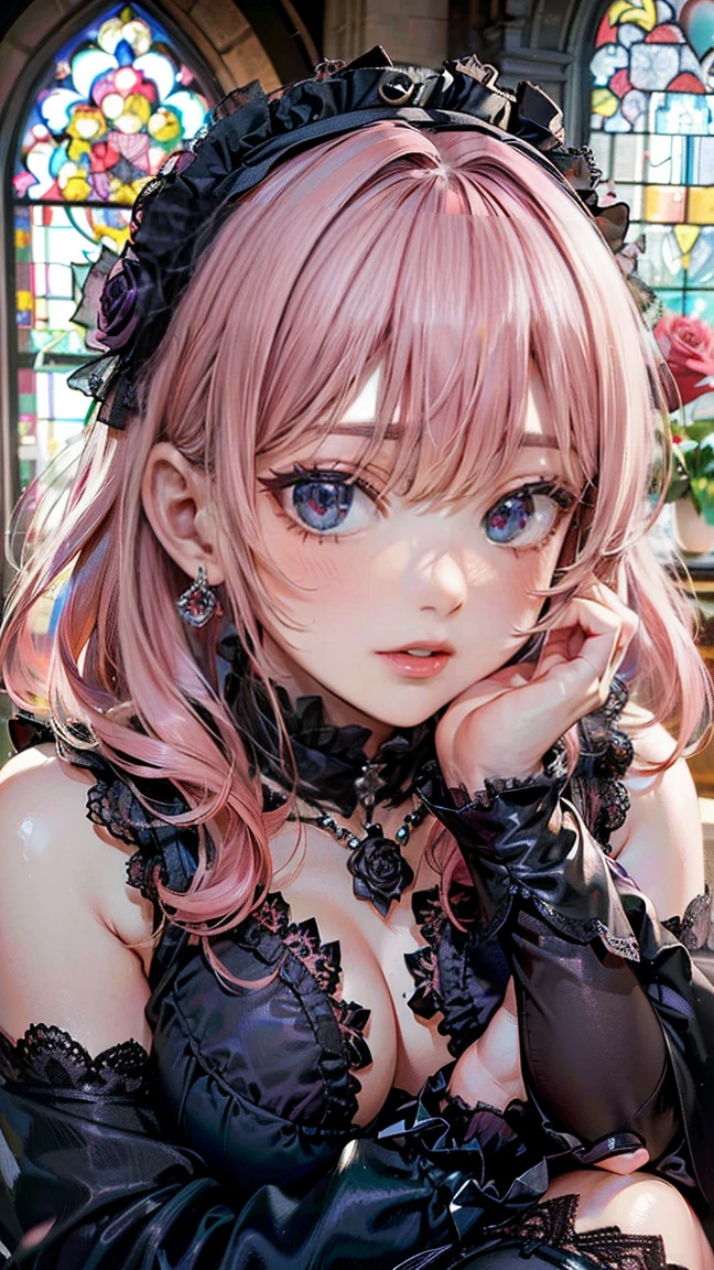 (Masterpiece, BestQuality:1.3), (ultra detailed:1.2), (hyperrealistic:1.3), (RAW photo:1.2), High detail RAW color photo, professional photograph, (Photorealistic:1.4), (realistic:1.4), (Pink Hair:1.5), professional lighting, perfect anatomy, (Big Breasts:1.2), (blush, detailed face), (cheerful Smile:1.5), Trending Hair&Trending Hairカラーをランダムに, earrings, necklace, bracelet, sexly, erotic sexly, Random sexy gravure poses, (Beautiful cosplayer wearing a purple and black Gothic Lolita dress、With a mysterious smile in an old church、Holding a black rose。Lace headdress on head、On his feet he wears black boots。:1.3)