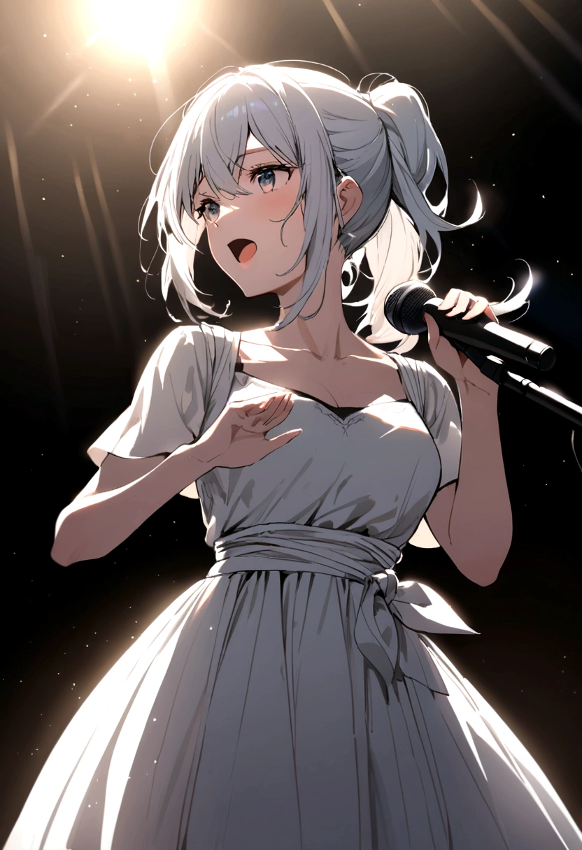 Female student,Tied up ponytail,White Dress,,Singing on stage, Stage lighting, Glare.