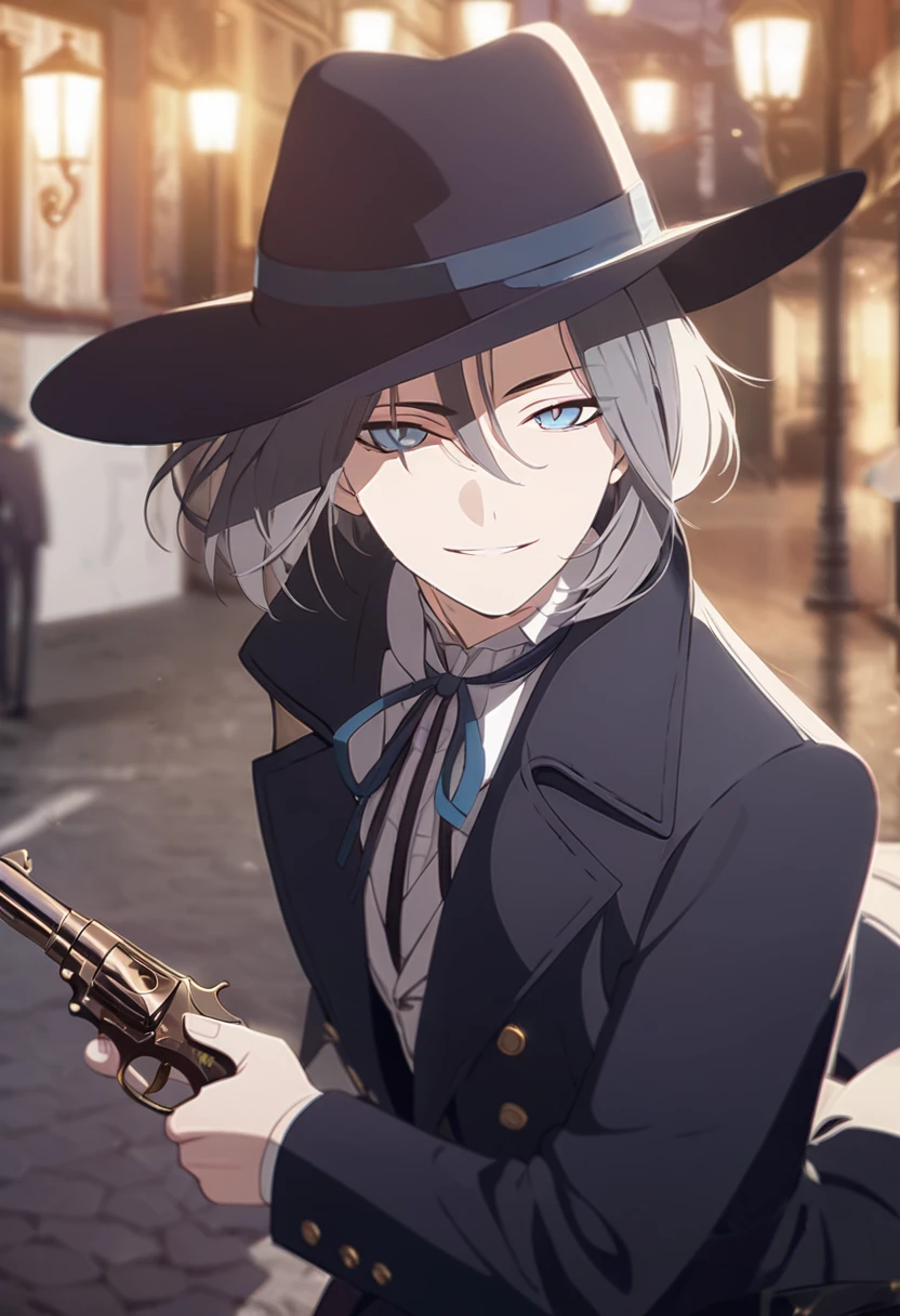 masterpiece,best quality,depth of field,8K,looking at the viewer,dark gray hair,blue eyes,man,close,Street lamp,black long coat,square black panama hat,Holding an antique and stylish revolver pistol,smiling,male,(charismatic eyes 1;1),wseifuku,chic,