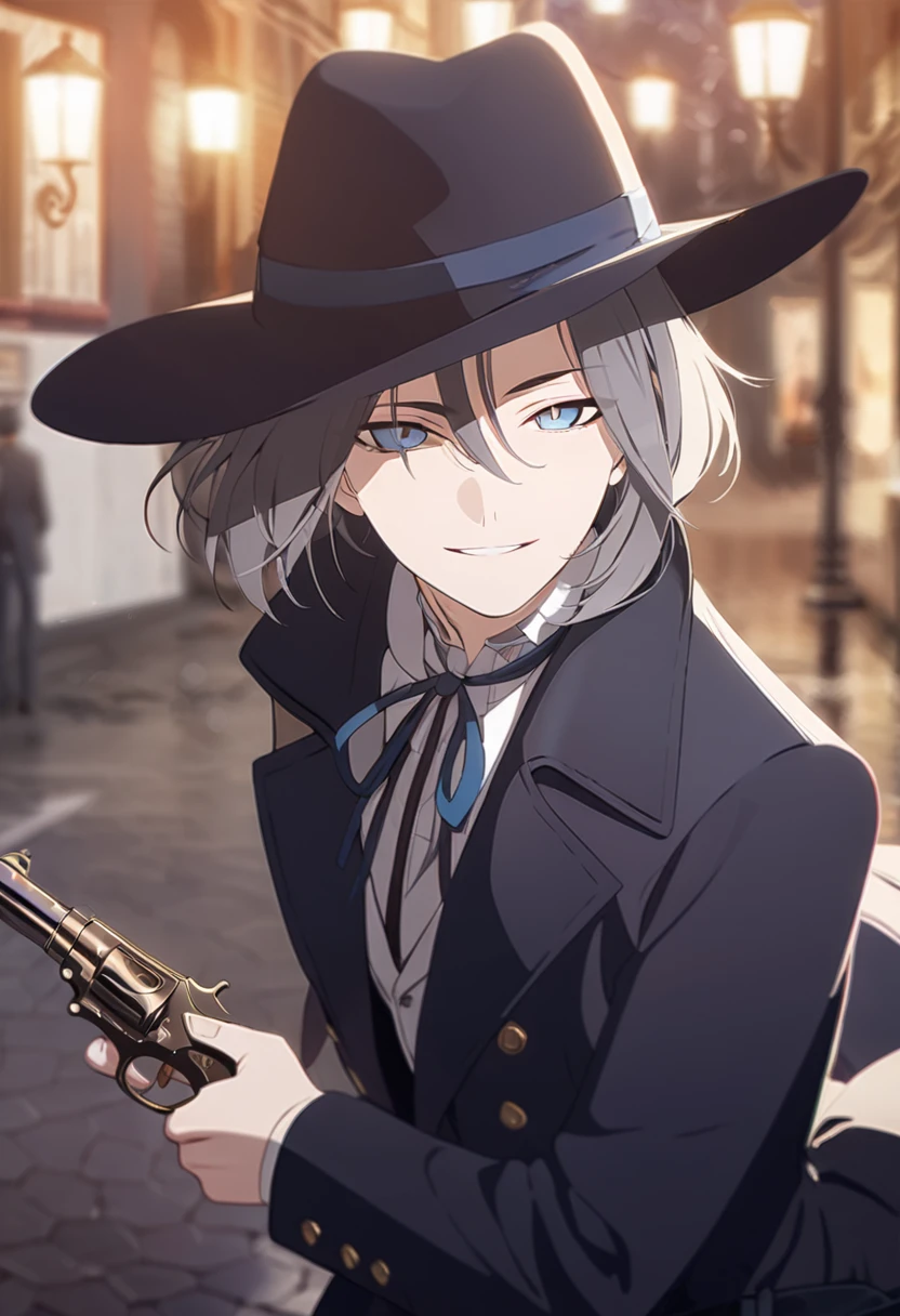 masterpiece,best quality,depth of field,8K,looking at the viewer,dark gray hair,blue eyes,man,close,Street lamp,black long coat,square black panama hat,Holding an antique and stylish revolver pistol,smiling,male,(charismatic eyes 1;1),wseifuku,chic,