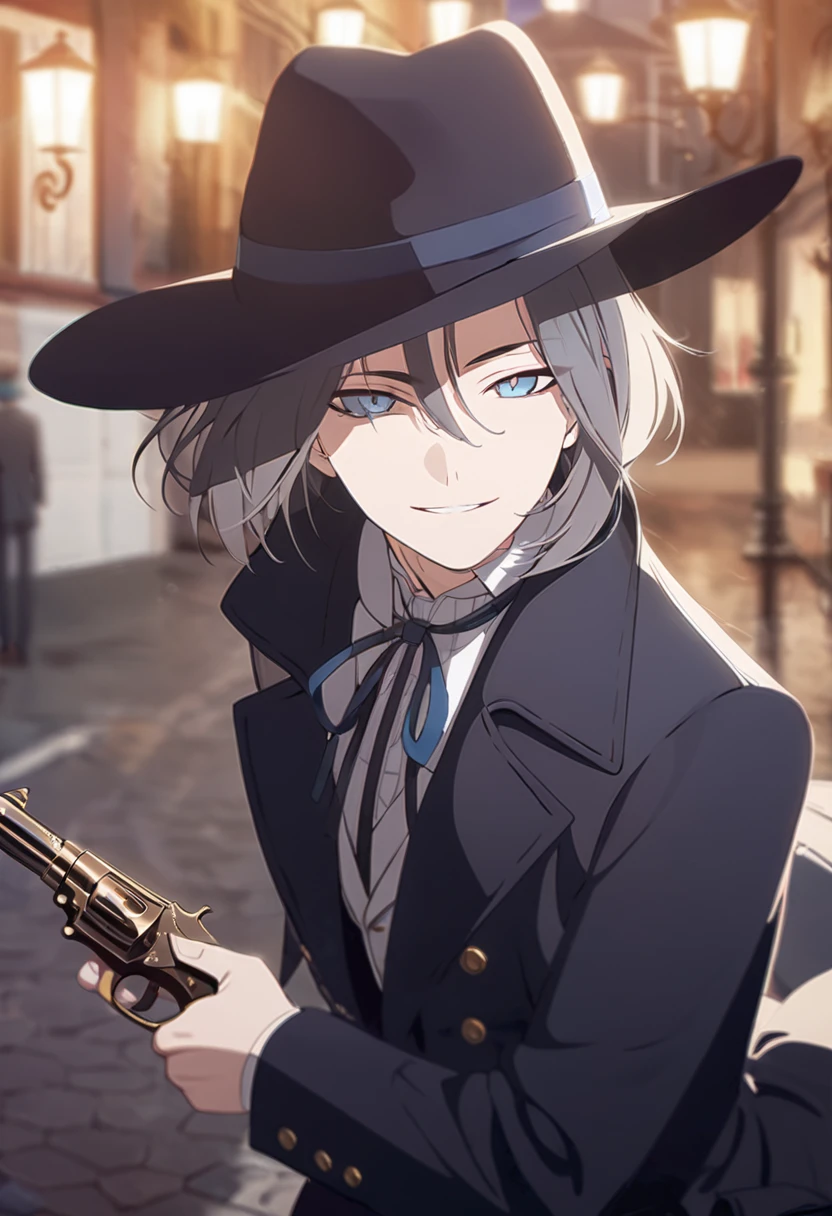masterpiece,best quality,depth of field,8K,looking at the viewer,dark gray hair,blue eyes,man,close,Street lamp,black long coat,square black panama hat,Holding an antique and stylish revolver pistol,smiling,male,(charismatic eyes 1;1),wseifuku,chic,