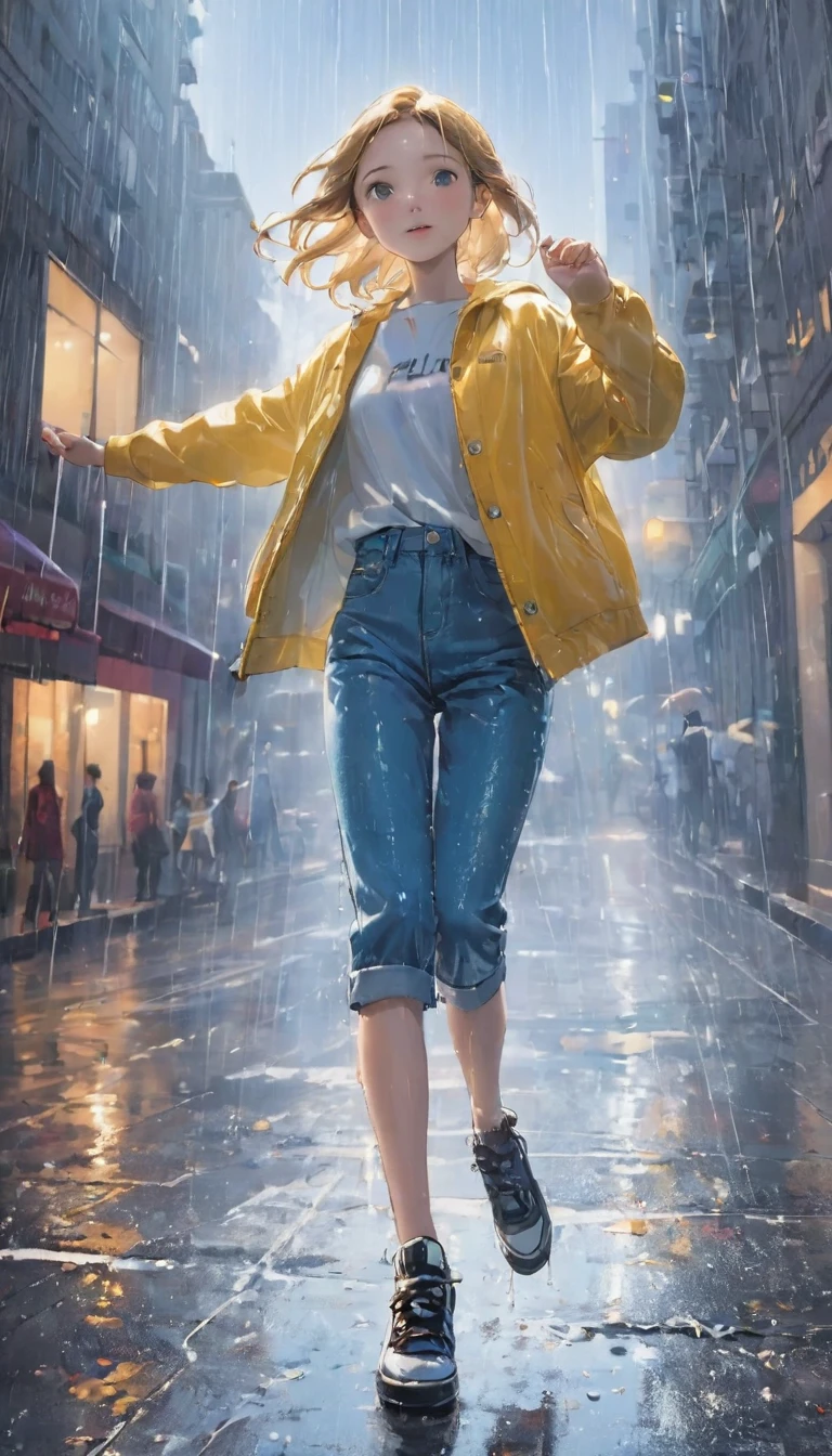 Highest quality、masterpiece:1.3、dancer、カッコいいdancer、Dancing Girl:1.7、(((一人の女の子が雨の中でInnocenceに笑いながら一回転をしている、Dancing in the rain:1.37)))、alone、Girls spinning in the heart of downtown、Innocence、Wet girl、Clothes that are wet、Casual clothing、Denim pants、New York Times、無人のNew York Times、