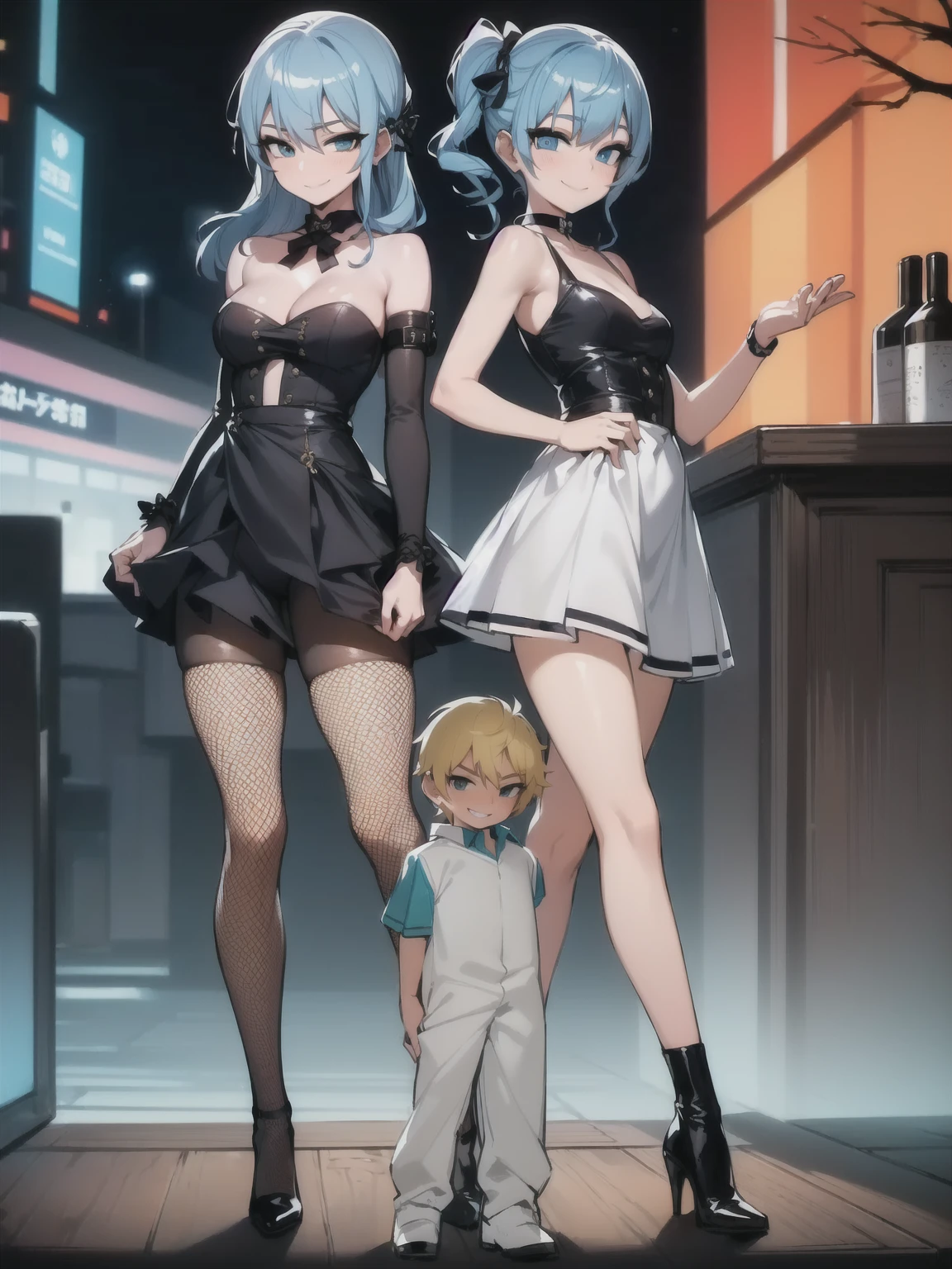 two sexy women looking down at 4 years old boy with blonde hair, seductive smiles, portrait, various hair
