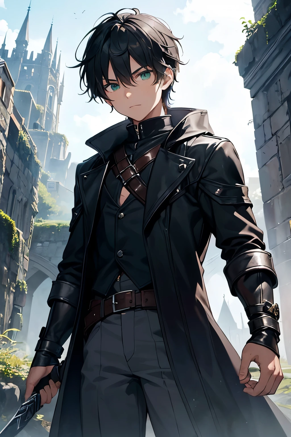 In a medieval fantasy world, a cowboy shot captures the scene((no hat:1.2)). The focus is on a young boy with black hair and captivating green eyes. He wields a long sword, ready for adventure. Dressed in a green shirt, he stands confidently, exuding a sense of determination. In the background, we see the boy's dark silhouette against a stunning landscape. The setting boasts rolling hills, towering castles, and mystical forests. The boy's attire is completed with ((a black leather coat)), adding an element of sleekness to his rugged appearance. dynamic pose. The artwork is of the best quality, with ultra-detailed and realistic features. The colors are vivid and rich, bringing the fantasy world to life. The lighting is carefully crafted to showcase the boy's features and create a sense of depth. The overall ambiance is one of awe and wonder.