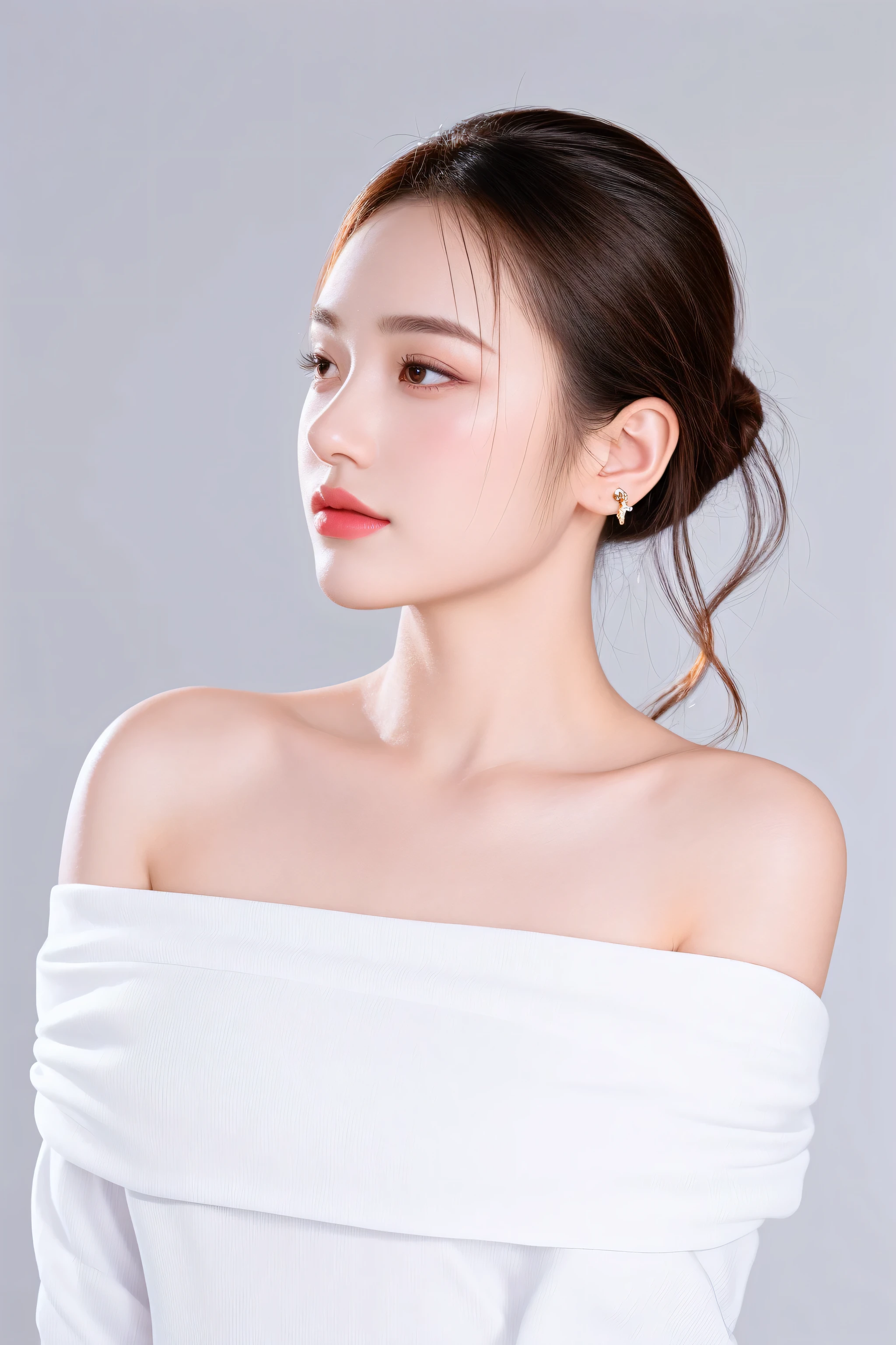 there is a woman in a white dress posing for a picture, young beautiful woman, showing her shoulder from back, attractive neck, wearing elegant jewellery, elegant profile pose, gorgeous chinese model, a young asian woman, face and shoulders, wearing jewelry, fine simple delicate structure, young asian woman, wearing gold jewellery, wearing pearl earrings, a beautiful young woman