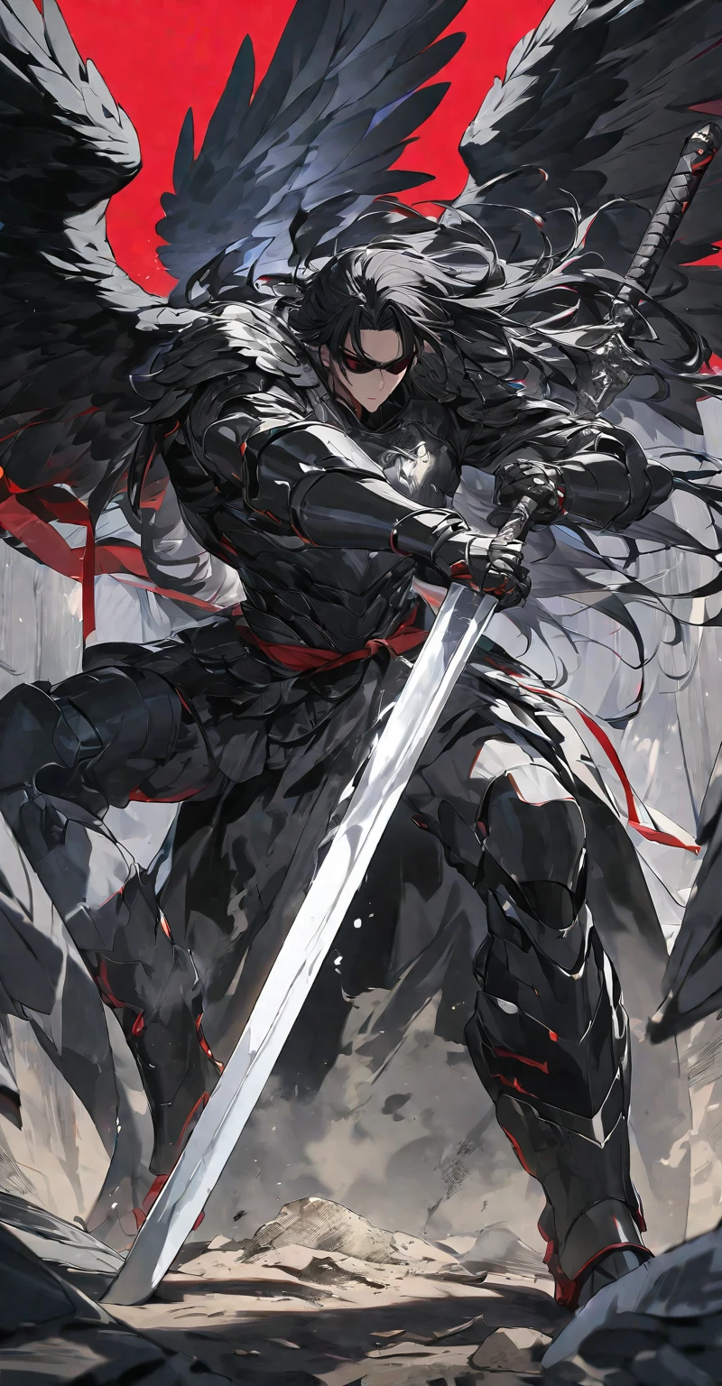 Best quality, one, beautiful, 1 man, tall man, with a sporty body, V-shaped body, wide shoulders, black detailed armour with bright white details, 10 black feathered wings, long hair, black hair covered with dirt and charcoal, neon white pupils (white eyes), the man has a huge sword in his hand, in a fighting position, against the background of Black miasma with shades of red