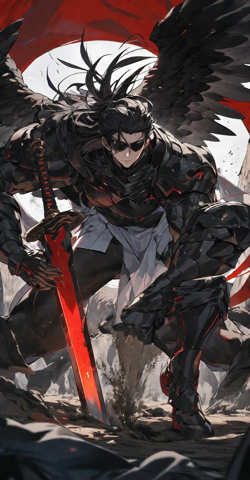 Best quality, one, beautiful, 1 man, tall man, with a sporty body, V-shaped body, wide shoulders, black detailed armour with bright white details, 10 black feathered wings, long hair, black hair covered with dirt and charcoal, neon white pupils (white eyes), the man has a huge sword in his hand, in a fighting position, against the background of Black miasma with shades of red