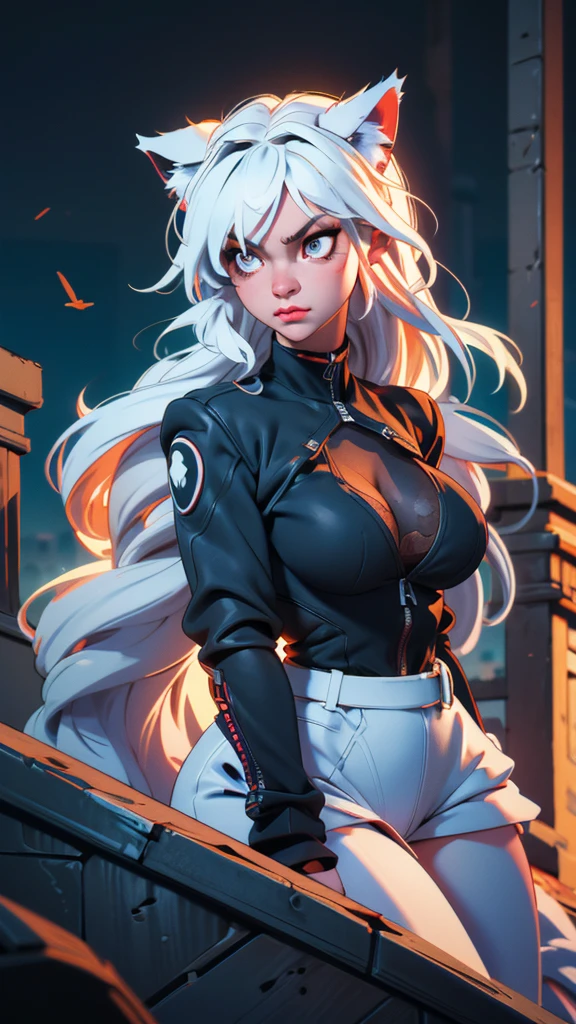 a single wolf girl with a black suit standing in middle of the night with a gun, 1girl, humanoid, anthro girl, furry girl, wolf ears, white hair, black blindfold, night in the city, poker face, no eyes, black suit, voluptuous, huge breast, beautiful background, 4k, insanely detailed, beautifully lit, masterpiece, best quality, ultra-detailed