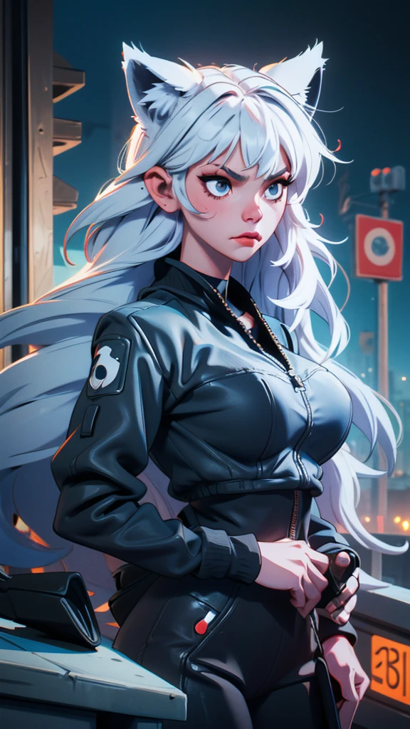 a single wolf girl with a black suit standing in middle of the night with a gun, 1girl, humanoid, anthro girl, furry girl, wolf ears, white hair, black blindfold, night in the city, poker face, no eyes, black suit, voluptuous, huge breast, beautiful background, 4k, insanely detailed, beautifully lit, masterpiece, best quality, ultra-detailed