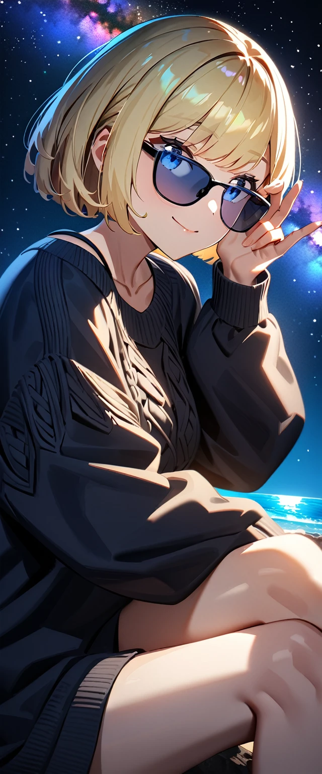(((a beautiful starry sky, the Milky Way shining beautifully in the night))), ((bare legs)), (((sunglasses, hand to sunglasses))), ((Aran sweater)), ((((from side)))), upper body, ((sitting on the very high cliff)), wavy hair, inward curled hair, sea, beach, ((blond hair, bob cut:1.3)), breasts, ager, (looking at another), oversized clothes, puffy long sleeves, ((off-shoulder sweater:1.3, Quite thick shoulder straps)), ((black sweater)), collarbone, head tilt:1.3, (((blue eyes))), happy smile, (((anime style))), (best quality, 4K, 8K, highres, masterpiece:1.2, ultra-detailed, ultra-detailed eyes, HDR, uhd, studio lighting, ultra-fine painting, sharp focus, physically-based rendering, extreme detail description, professional, vivid colors, bokeh)