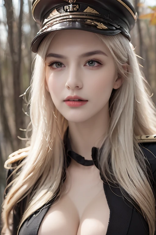 a woman wearing a black gothic style military uniform, black military hat with gold details, iron cross symbol on the military hat, see full body, big breasts, long red hair, conjunctivitis, realistic, black dress, In the autumn theme forest,, intense stare, elegant gesture,black boots, (Just a woman, alone), HDR, very detailed, Extra resolution, Masterpiece. 8k HD, Detailed facial features, great details, Incredible atmosphere, strong emotions,