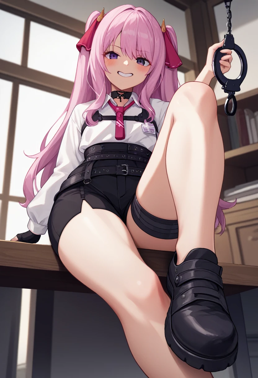 score_9, score_8_up, score_7_up, source_anime, BREAK 1girl, yunidef, purple eyes, pink hair, long hair, two side up, bangs, hair ornament, mole under mouth, white shirt, long sleeves, pink necktie, black choker, harness, nametag, multiple belts, high-waist shorts, black shorts, thigh strap, fingerless glove, single glove, indoors, long legs, pov, stepping, stepped on, black footwear, blush, evil grin, from below, smile, untied footwear, holding handcuffs, foot focus, looking at viewer, pov torso, foreshortening