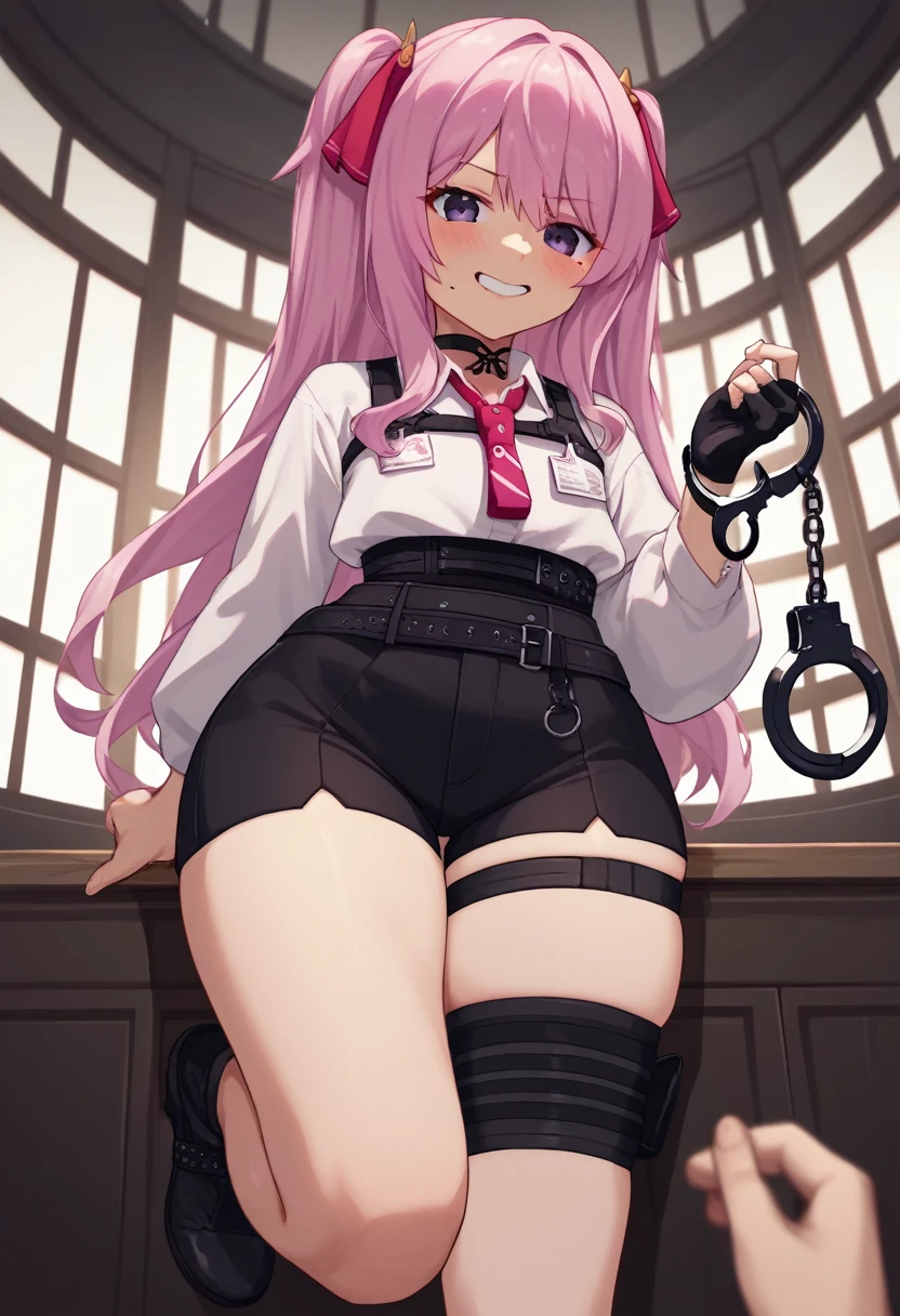 score_9, score_8_up, score_7_up, source_anime, BREAK 1girl, yunidef, purple eyes, pink hair, long hair, two side up, bangs, hair ornament, mole under mouth, white shirt, long sleeves, pink necktie, black choker, harness, nametag, multiple belts, high-waist shorts, black shorts, thigh strap, fingerless glove, single glove, indoors, long legs, pov, stepping, stepped on, black footwear, blush, evil grin, from below, smile, untied footwear, holding handcuffs, foot focus, looking at viewer, pov torso, foreshortening