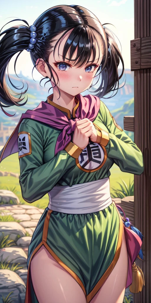 masterpiece, best quality, 4k, 8k, fighter (dq3), 1girl, solo, long hair, twintails, looking at viewer, black hair, hair ornament, long sleeves, dress, medium breasts, closed mouth, cowboy shot, black eyes, chinese clothes, hair bobbles, clenched hand, Punching, Boxing Jab, Feet Apart, Ancient Castle