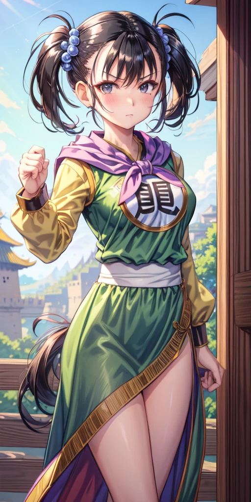 masterpiece, best quality, 4k, 8k, fighter (dq3), 1girl, solo, long hair, twintails, looking at viewer, black hair, hair ornament, long sleeves, dress, medium breasts, closed mouth, cowboy shot, black eyes, chinese clothes, hair bobbles, clenched hand, Punching, Boxing Jab, Feet Apart, Ancient Castle