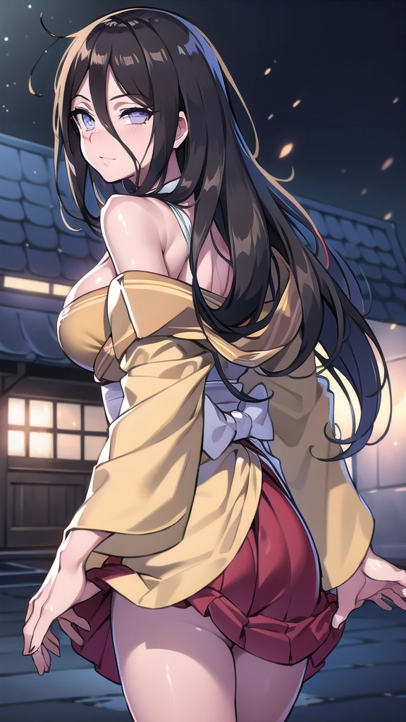BREAK looking at viewer, BREAK (masterpiece:1.2), best quality, high resolution, unity 8k wallpaper, (illustration:0.8), (beautiful detailed eyes:1.6), extremely detailed face, perfect lighting, extremely detailed CG, (perfect hands, perfect anatomy),city,street,night,wet road,neon lights,reflections,hyuuga hanabi, brown hair, hair between eyes, long hair, purple eyes, bare shoulders,skinny fit, long legs,stockings,yellow kimono,short kimano, lace bra,full body,from below,from behind