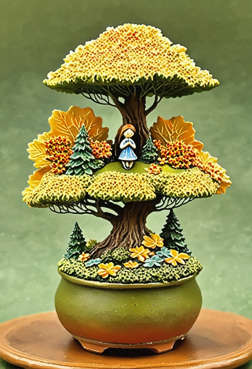  whimsical miniature figure composed of delicately arranged autumn leaves, poised in a carefree dance on the rim of a weathered, moss-covered terracotta pot, set against a lush, vibrant forest backdrop, where dappled sunlight filters through the canopy above, casting intricate shadows. The overall aesthetic is ethereal, with warm, earthy tones of sienna, umber, and olive green, infused with hints of emerald and golden light, evoking a sense of wonder and enchantment, as if plucked from a fantastical realm