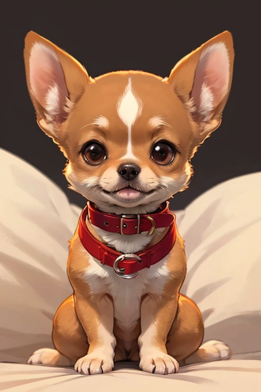 hight quality, Uplifting, 1dog, Chihuahua, brown , soft animal hair, small face, big ear, raise front legs, red collar, put leg on the viewer