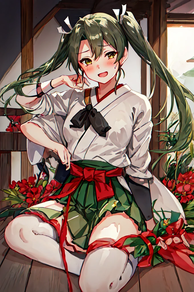 Highest quality, masterpiece, High resolution, 一人in, {zuikaku_Fleet Collection:1.15}, length_hair, Twin tails, ribbon, hair_ribbon, green_hair, green_eyes, smile, white_ribbon, One girl, Are crying, hair_between_eyes, hair_Down, head band, Japanese_Clothes, Open_mouth, tears, upper_body, Looking_in_Audience, gray_hair, null, :d, blush, muneine, One_eye_Closed, Torn_Clothes, twitter_username