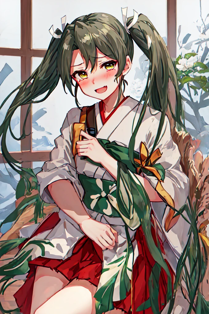 Highest quality, masterpiece, High resolution, 一人in, {zuikaku_Fleet Collection:1.15}, length_hair, Twin tails, ribbon, hair_ribbon, green_hair, green_eyes, smile, white_ribbon, One girl, Are crying, hair_between_eyes, hair_Down, head band, Japanese_Clothes, Open_mouth, tears, upper_body, Looking_in_Audience, gray_hair, null, :d, blush, muneine, One_eye_Closed, Torn_Clothes, twitter_username