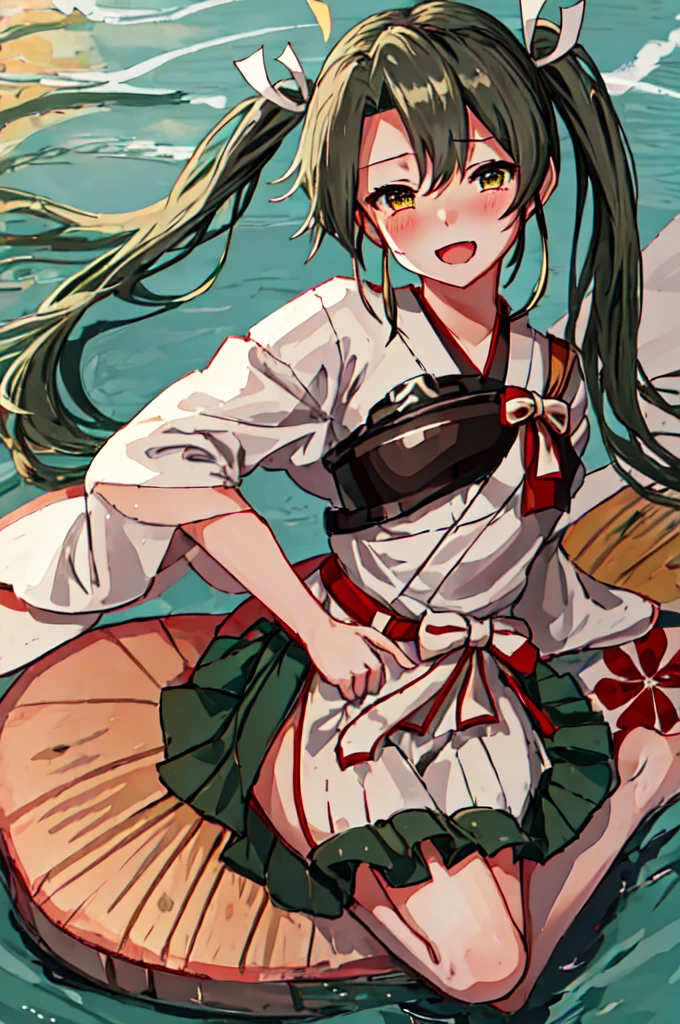 Highest quality, masterpiece, High resolution, 一人in, {zuikaku_Fleet Collection:1.15}, length_hair, Twin tails, ribbon, hair_ribbon, green_hair, green_eyes, smile, white_ribbon, One girl, Are crying, hair_between_eyes, hair_Down, head band, Japanese_Clothes, Open_mouth, tears, upper_body, Looking_in_Audience, gray_hair, null, :d, blush, muneine, One_eye_Closed, Torn_Clothes, twitter_username