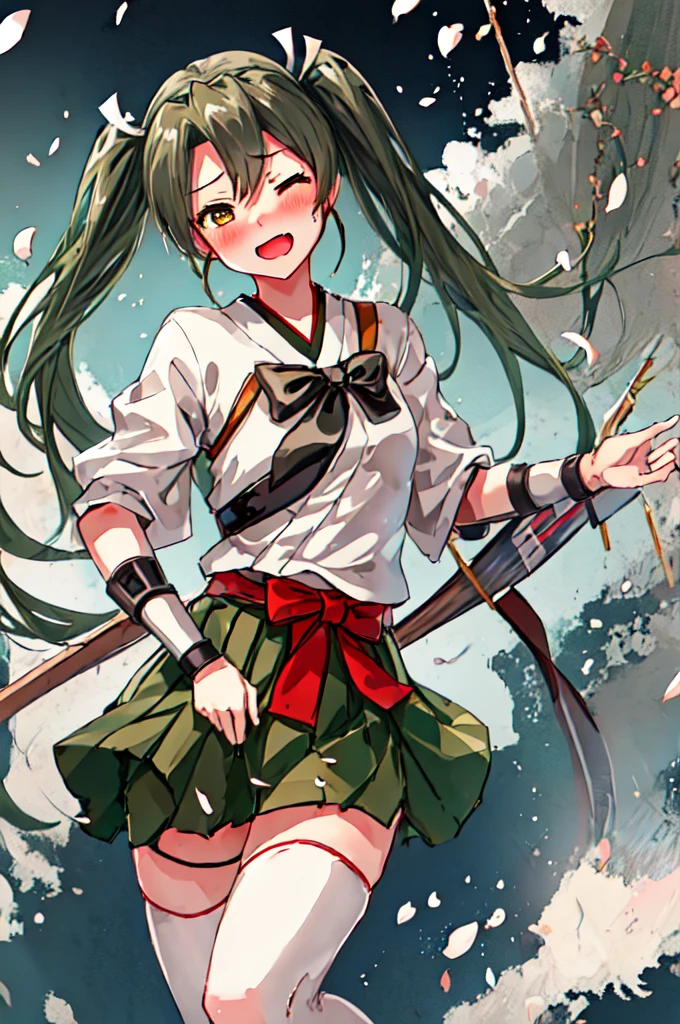 Highest quality, masterpiece, High resolution, 一人in, {zuikaku_Fleet Collection:1.15}, length_hair, Twin tails, ribbon, hair_ribbon, green_hair, green_eyes, smile, white_ribbon, One girl, Are crying, hair_between_eyes, hair_Down, head band, Japanese_Clothes, Open_mouth, tears, upper_body, Looking_in_Audience, gray_hair, null, :d, blush, muneine, One_eye_Closed, Torn_Clothes, twitter_username