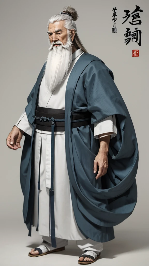 Oriental、Old man in plain white ancient Chinese costume、Ancient Chinese hairstyle old man、Highest quality、masterpiece、Ultra-high resolution、(Realistic:1.4)、Game Poster、Crisp and beautiful image quality、Gray Hair、white and long beard,,(whole body)、Dragging the hem、