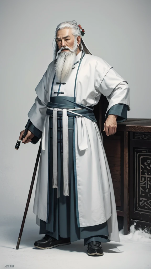 Oriental、Old man in plain white ancient Chinese costume、Ancient Chinese hairstyle old man、Highest quality、masterpiece、Ultra-high resolution、(Realistic:1.4)、Game Poster、Crisp and beautiful image quality、Gray Hair、white and long beard,,(whole body)、Dragging the hem、