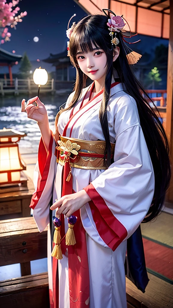 Love shrine maiden goddess, cheeks flushed, early 20s, mysterious twelve-layered kimono, decorated kimono and mysterious hair ornament, big smile, sparkling eyes, night moon and lotus flower background, Japanese