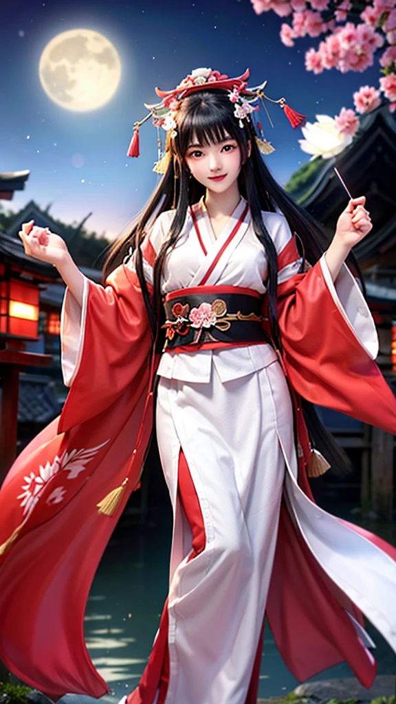Love shrine maiden goddess, cheeks flushed, early 20s, mysterious twelve-layered kimono, decorated kimono and mysterious hair ornament, big smile, sparkling eyes, night moon and lotus flower background, Japanese